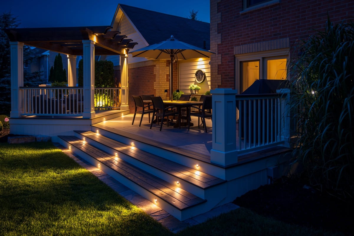 Beautiful residential deck at night.