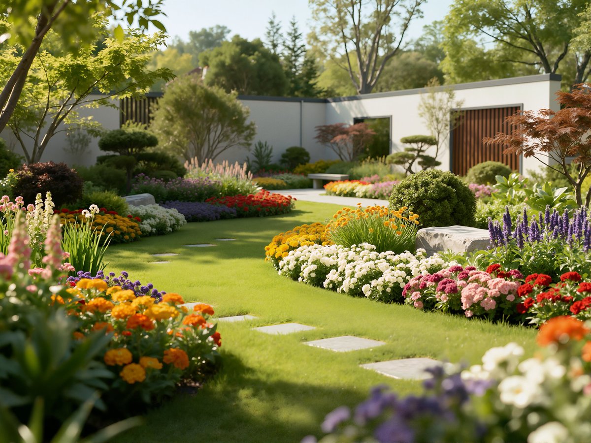A 3D render of a beautiful contemporary garden featuring square stepping stones on lush green lawn